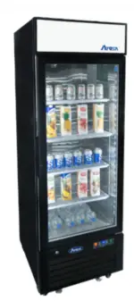 A 27-inch wide Atosa MCF8720GR commercial one-door glass reach-in merchandiser refrigerator with a stainless steel finish and internal LED lighting.