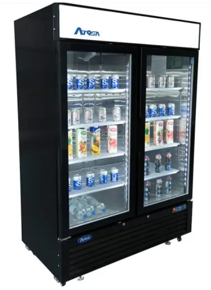 Side view of a black ATOSA MCF8732GR with two doors, panel lights, and industrial casters.