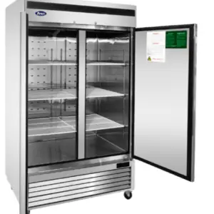 A 54-inch wide Atosa MBF8507GR commercial two-door solid reach-in refrigerator with a stainless steel exterior, bottom-mount compressor, and recessed door handles