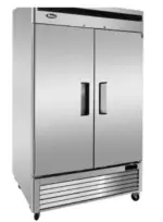 A 54-inch wide Atosa MBF8507GR commercial two-door solid reach-in refrigerator with a stainless steel exterior, bottom-mount compressor, and recessed door handles