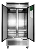 A 27-inch wide Atosa MBF8506GR commercial one-door solid reach-in refrigerator with a stainless steel exterior, bottom-mount compressor, and recessed door handle.
