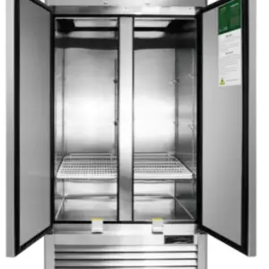 A 27-inch wide Atosa MBF8506GR commercial one-door solid reach-in refrigerator with a stainless steel exterior, bottom-mount compressor, and recessed door handle.