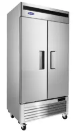A 27-inch wide Atosa MBF8506GR commercial one-door solid reach-in refrigerator with a stainless steel exterior, bottom-mount compressor, and recessed door handle.