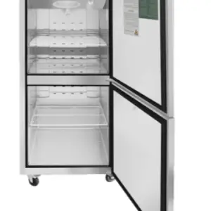 A 54-inch wide Atosa MBF8005GR commercial two-door solid reach-in freezer with a stainless steel exterior, top-mount compressor, and recessed door handles.
