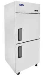 A 54-inch wide Atosa MBF8005GR commercial two-door solid reach-in freezer with a stainless steel exterior, top-mount compressor, and recessed door handles.