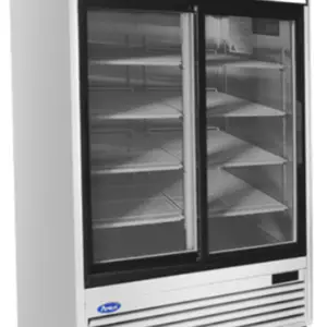 A 27-inch wide Atosa MCF8709GR commercial one-door glass reach-in merchandiser freezer with a stainless steel finish and internal LED lighting.