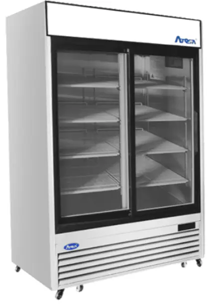 A 27-inch wide Atosa MCF8709GR commercial one-door glass reach-in merchandiser freezer with a stainless steel finish and internal LED lighting.