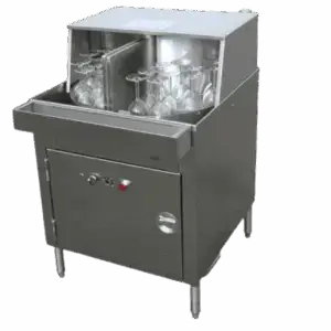 Rotary under counter commercial glass washer with stainless steel finish and four legs and featuring glassware being washed.