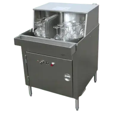 Rotary under counter commercial glass washer with stainless steel finish and four legs and featuring glassware being washed.