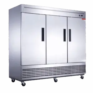 Three door stainless steel freezer with doors closed and on wheels