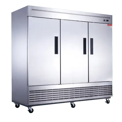 Three door stainless steel freezer with doors closed and on wheels