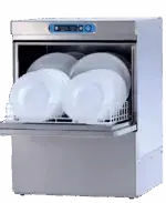 Under counter commercial dishwasher with stainless steel finish showing an open door and a full rack of white plates