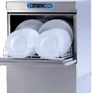 Under counter commercial dishwasher with stainless steel finish showing an open door and a full rack of white plates