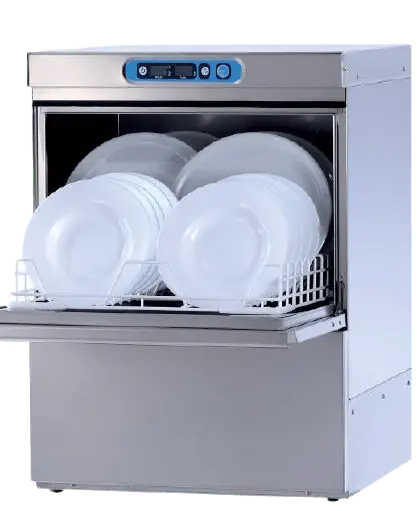 Under counter commercial dishwasher with stainless steel finish showing an open door and a full rack of white plates