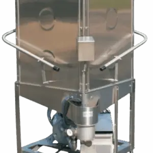 Upright bakery style commercial dishwasher with extended height hood along with chemical pump assembly on top and wash pump at bottom
