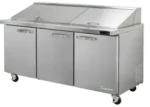 Front view of the Atosa MSF8308GR three-door sandwich prep table with a full-length cutting board, stainless steel lid, and swivel casters.
