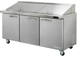 Front view of the Atosa MSF8308GR three-door sandwich prep table with a full-length cutting board, stainless steel lid, and swivel casters.