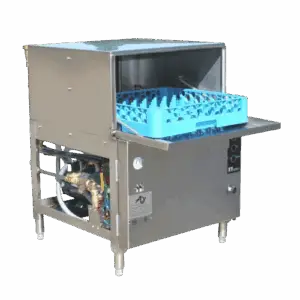 Under counter heavy duty commercial dishwasher with open door and blue dish rack and with stainless steel finish