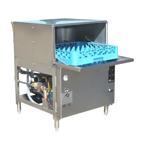 Under counter heavy duty commercial dishwasher with open door and blue dish rack and with stainless steel finish