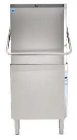 Front view of hood style upright dishwasher with wrap around handle and control panel on lower right side