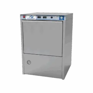 American dish under counter dishwasher with stainless steel exterior and control buttons at top with digital temperature display at top and dial pressure display near bottom of unit