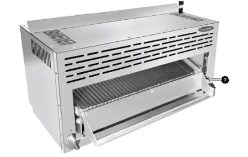 A 36-inch wide ATOSA ATSB-36 commercial stainless steel gas salamander broiler with infrared burners and an adjustable rack lever.