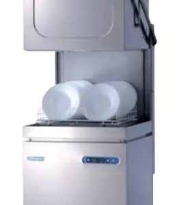 Mach upright hood style dishwasher with hood elevated and exposing a dish rack loaded with white plates