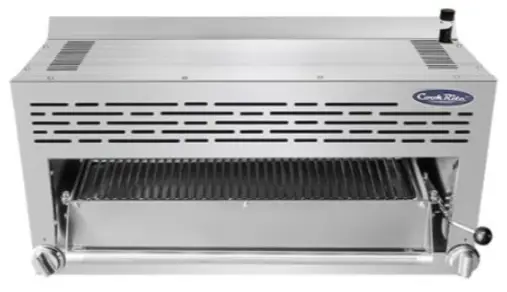 A 36-inch wide ATOSA ATSB-36 commercial stainless steel gas salamander broiler with infrared burners and an adjustable rack lever.