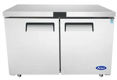 Front view of the Atosa MGF8403GR 60-inch two-door undercounter refrigerator with a stainless steel finish, recessed handles, and swivel casters.