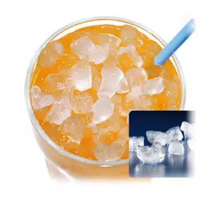 Glass containing nugget style ice and orange colored beverage with blue straw
