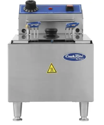 Electric countertop fryer with stainless steel construction.