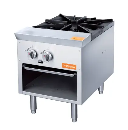 An 18-inch wide BRIKA BSP-18 commercial stock pot range featuring a heavy-duty cast iron grate, dual manual control knobs, and a stainless steel front finish.