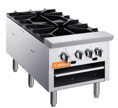 A commercial 18-inch wide BRIKA BSP-18D double stock pot range featuring two heavy-duty cast iron grates and four manual gas control knobs on a stainless steel body.