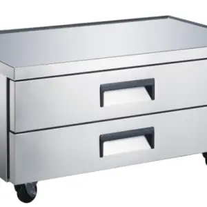EFI stainless steel chef base with four wheels and two storage drawers.
