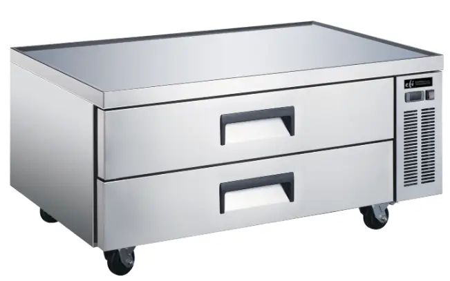 EFI stainless steel chef base with four wheels and two storage drawers.