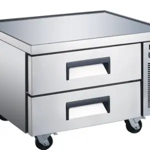 EFI stainless steel chef base with four wheels and two storage drawers.