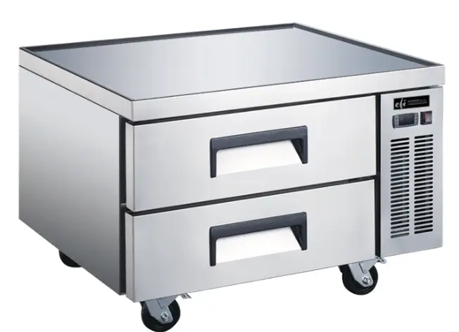 EFI stainless steel chef base with four wheels and two storage drawers.