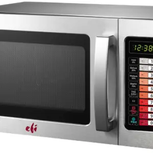 A 25L EFI MW-251000120 commercial light-duty microwave oven with a stainless steel exterior and digital touch pad.