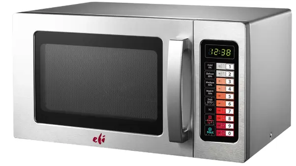 A 25L EFI MW-251000120 commercial light-duty microwave oven with a stainless steel exterior and digital touch pad.