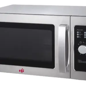 A 25L EFI MW-251000120-D commercial light-duty microwave oven with a stainless steel exterior and manual dial control.