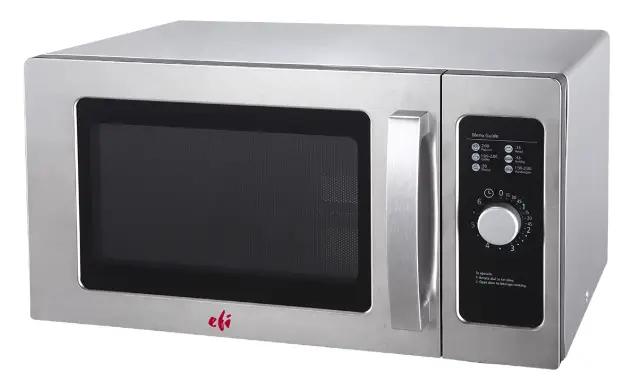 A 25L EFI MW-251000120-D commercial light-duty microwave oven with a stainless steel exterior and manual dial control.