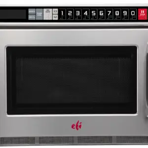 A compact EFI MW-171800208 commercial 17L heavy-duty microwave oven with a stainless steel finish and digital touch control pad.