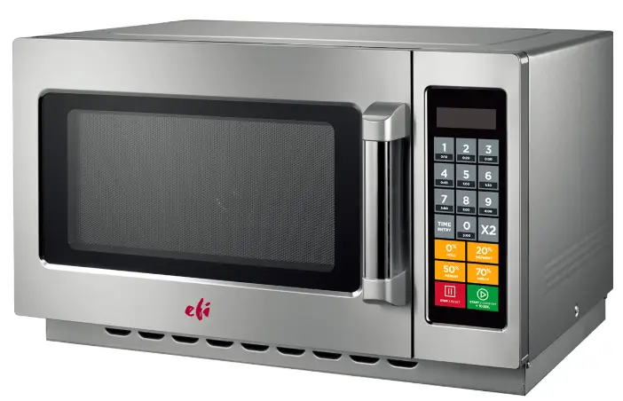 A large 34L EFI MW-341000120 commercial medium-duty microwave oven with a stainless steel finish and digital touch controls.