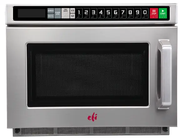A compact EFI MW-171800208 commercial 17L heavy-duty microwave oven with a stainless steel finish and digital touch control pad.