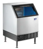 A 26-inch wide commercial undercounter full-cube ice machine with a stainless steel exterior, black trim, and an icon-based digital touchpad.