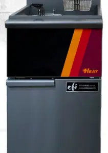 An EFI commercial 40 lb. stainless steel floor fryer with three tube burners and dual nickel-plated baskets.