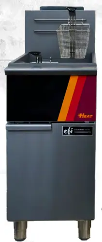 An EFI commercial 40 lb. stainless steel floor fryer with three tube burners and dual nickel-plated baskets.
