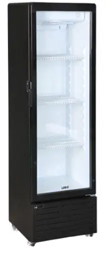 A slim commercial glass door merchandiser refrigerator with a white finish, three shelves, and internal LED lighting.