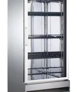 A commercial stainless steel cooler with a single glass door, interior wire shelving, and bottom-mounted refrigeration.