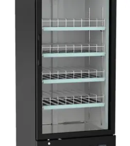 A commercial deep chill glass door cooler in black.